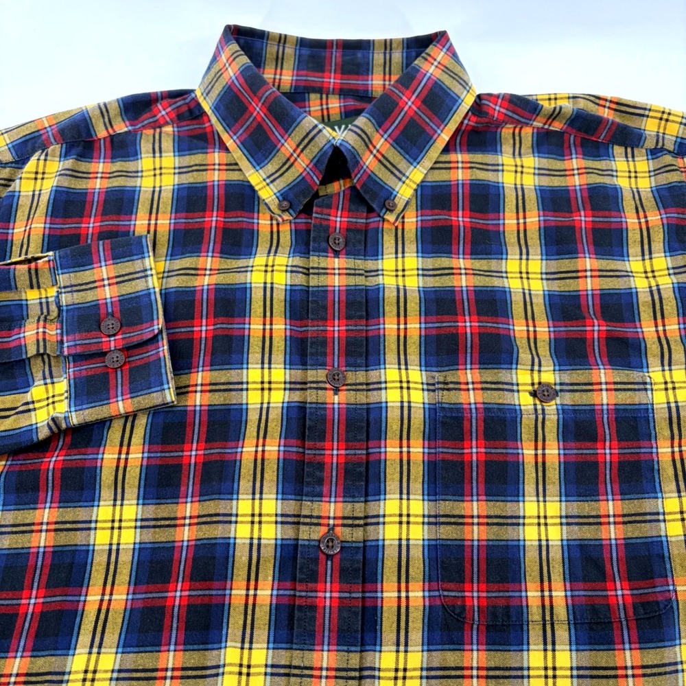 Orvis Mens XL Plaid Flannel Button Down Shirt Navy Yellow Red Cotton